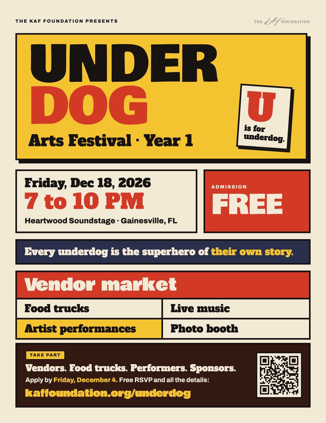 UNDER DOG Arts Festival flier: Friday, December 18, 2026, 7 to 10 PM, Heartwood Soundstage, free admission